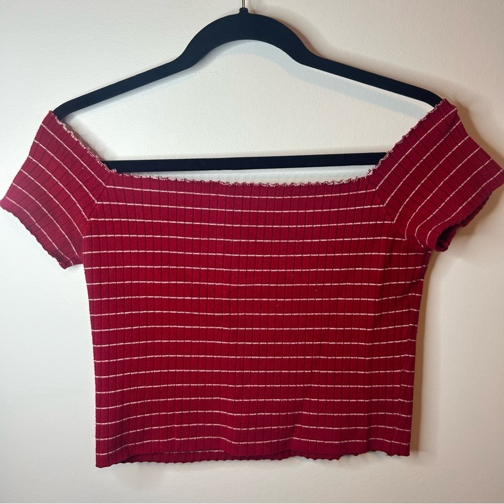 Red & White Striped Off Shoulder Crop Top Size S Summer Y2K - Picture 2 of 5
